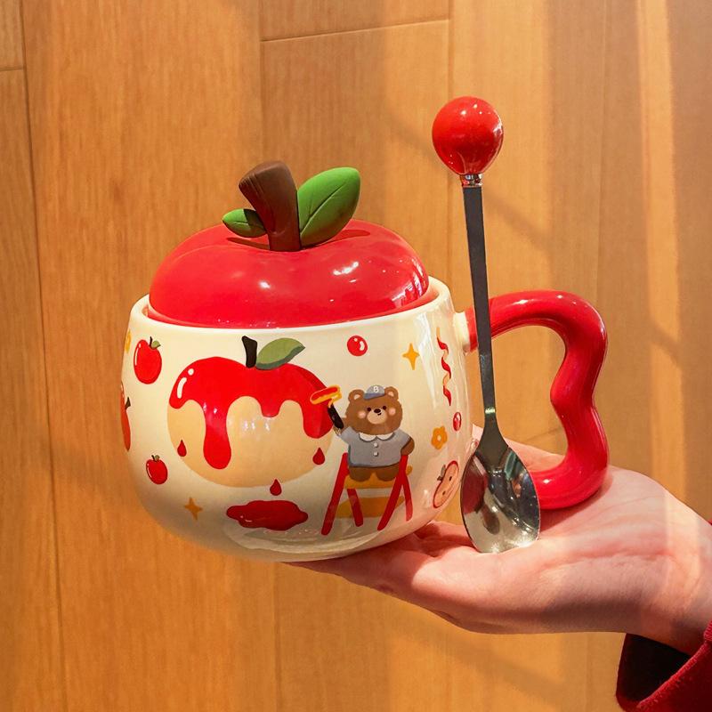 

Милый подарок на день рождения керамическая кружка с крышкой в виде мишки с яблоком и молочным фуфу для девочек, подруги, сувенир, подарочная коробка 401-500ml