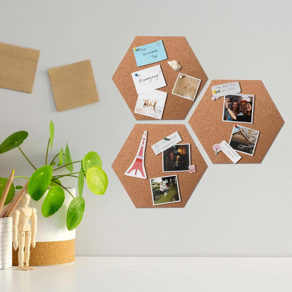 3 Pcs Cork Bulletin Board Hexagon, 7.87×6.7” Self Adhesive Corkboard Tiles for Walls Mini Wall Bulletin Boards Thick Tack Boards Hexagon Pin Board