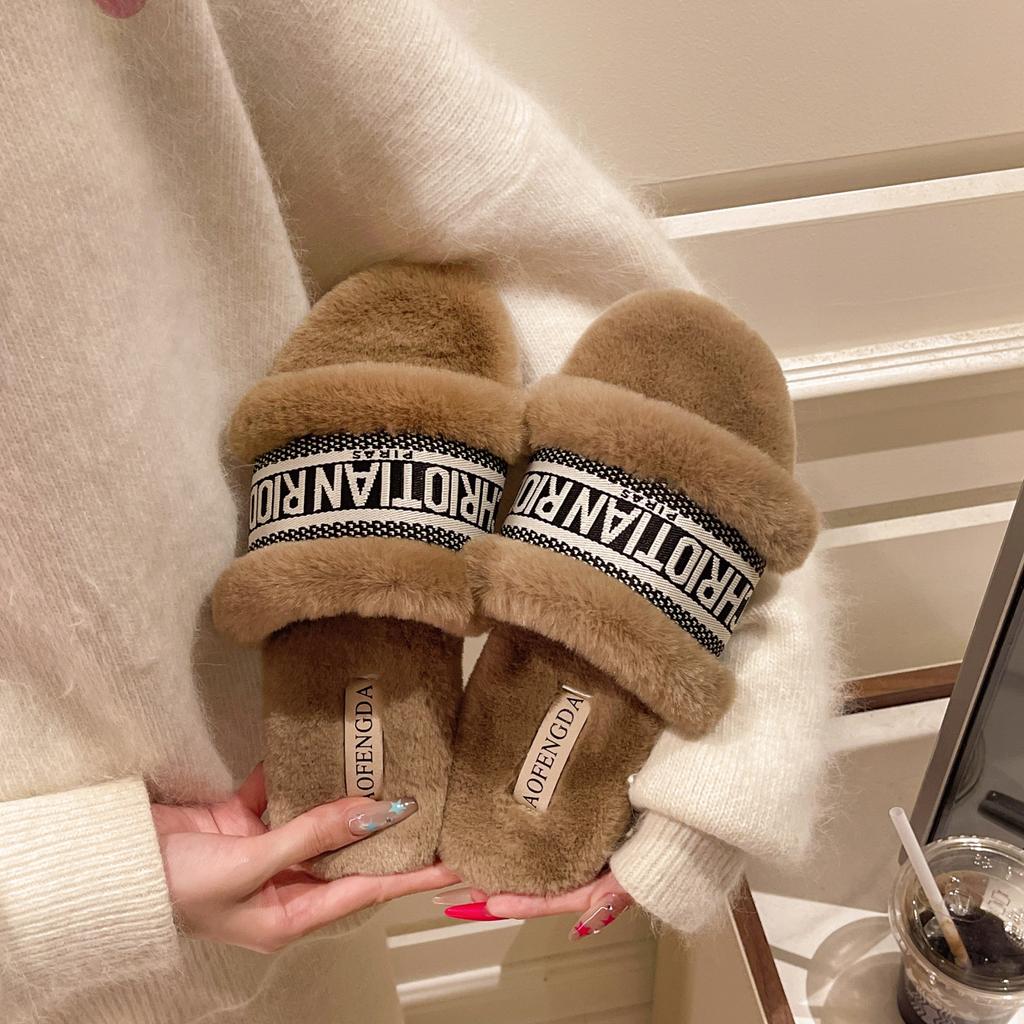 Fluffy cute plush slippers trendy girl autumn new warm fashion home letter flat bottom one word slippers