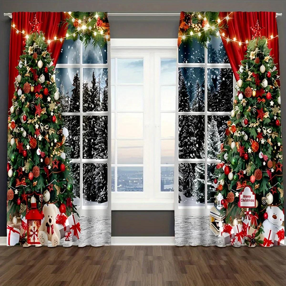 2 stuks Blauwe Kerst Sneeuwlandschap Gordijnen, Tunnelzoom Kerstman Auto Bedrukt Lichtfilterende Gordijnen Voor Keuken Woonkamer W65X60H(cm)X2Pcs&Hook