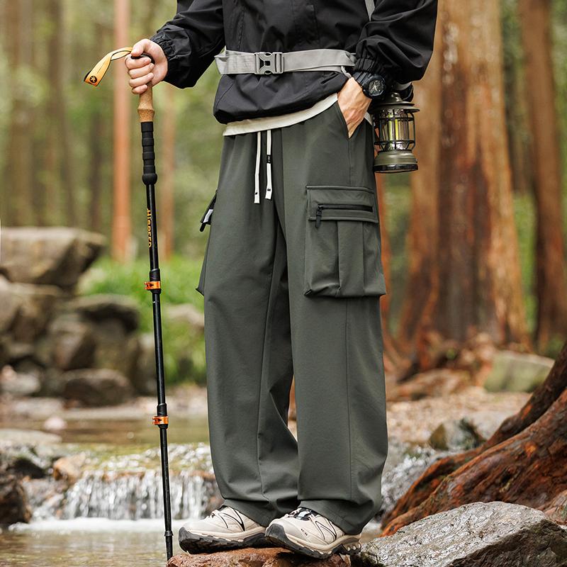 Spring Autumn Drawtring Waist Wide Leg Solid Pants Men Loose Casual Vintage Cargo Trousers