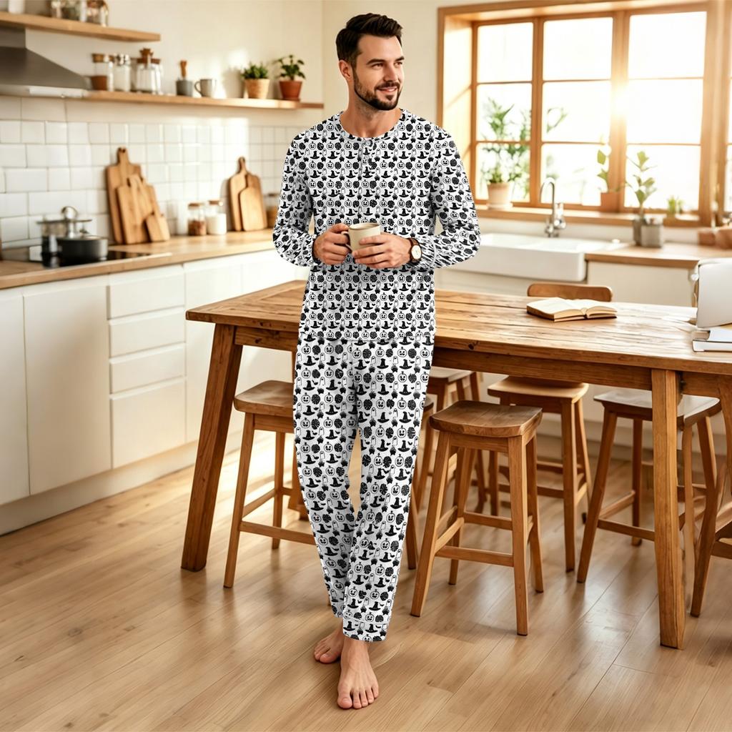 Men's Halloween Print Loose Fit Pajama Set for Casual Sleepwear