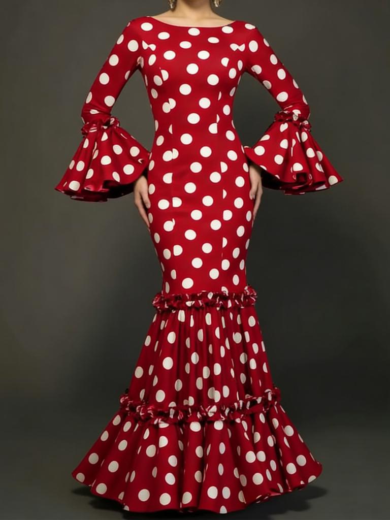 European and American style popular polka dot horn sleeve fishtail skirt retro ruffle edge waist dress skirt