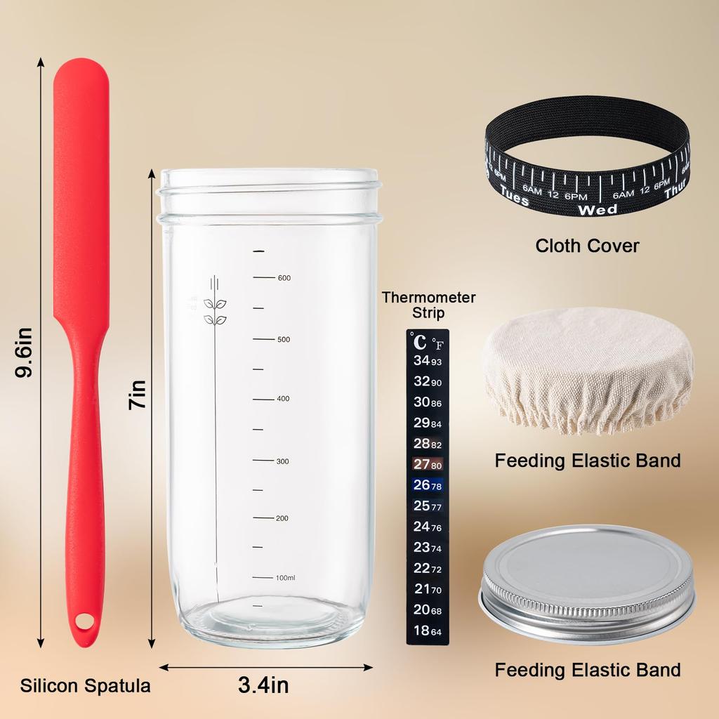 24oz Sourdough Starter Jar with Date-marked Feeding Band, Thermometer, Cloth Cover & Metal Lid. Ideal for Sourdough Bread Baking