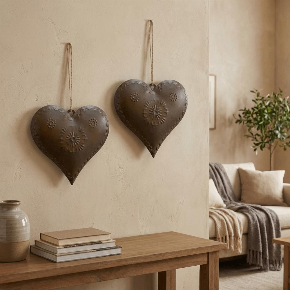 2PCS Vintage Heart Shaped Hanging Pendant Iron Heart Shaped Ornament Wall Decor  for Home