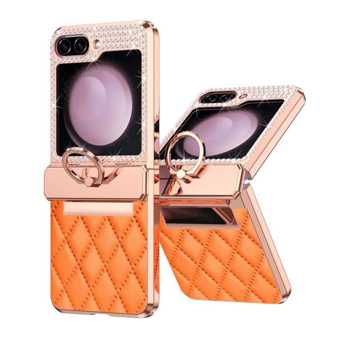 

Чехол-держатель для кольца с бриллиантовым кожаным покрытием для Samsung Galaxy Z Flip 6 5 4 3 5G, противоударный защитный чехол для шарнира Z Flip5 For Galaxy Z Flip6 оранжевый