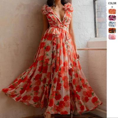 Vestido Festivo de Mujer Europeo y Americano Floral Adelgazante con Cuello en V y Volantes