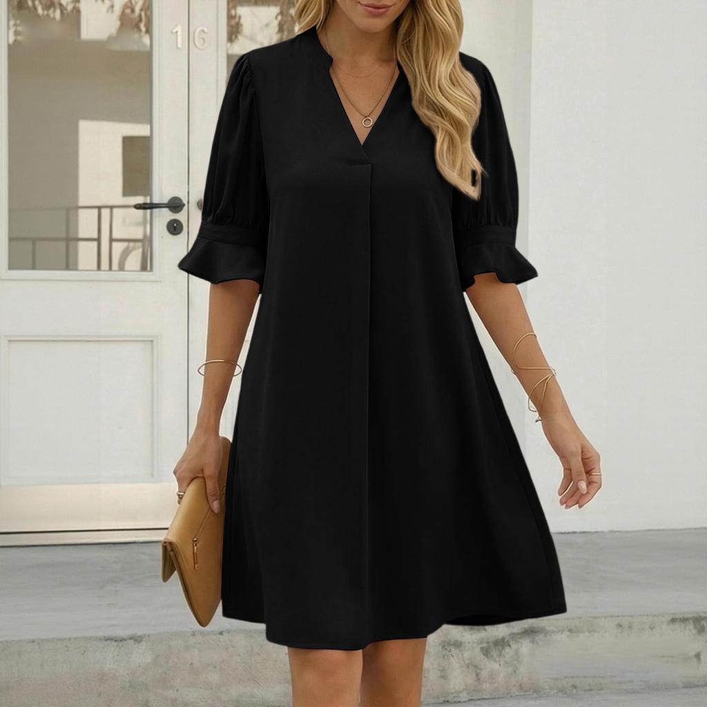 Damen Casual Plain V-Ausschnitt Loose Plissee Fünfviertelärmel Kleid Sommer