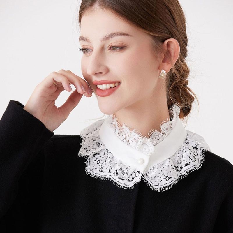 Eleganter Wimpernspitzen-Falschkragen, abnehmbarer Blusen-Halbhemdkragen, Halskette und Rüschen-Handgelenkmanschetten-Set für Damen