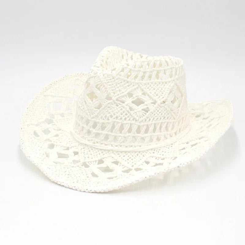 New Summer Cowboy Hat Handwoven Straw Western Vintage Breathable Lace Hollow Design Lightweight Outdoor Jazz Hat for Women Men