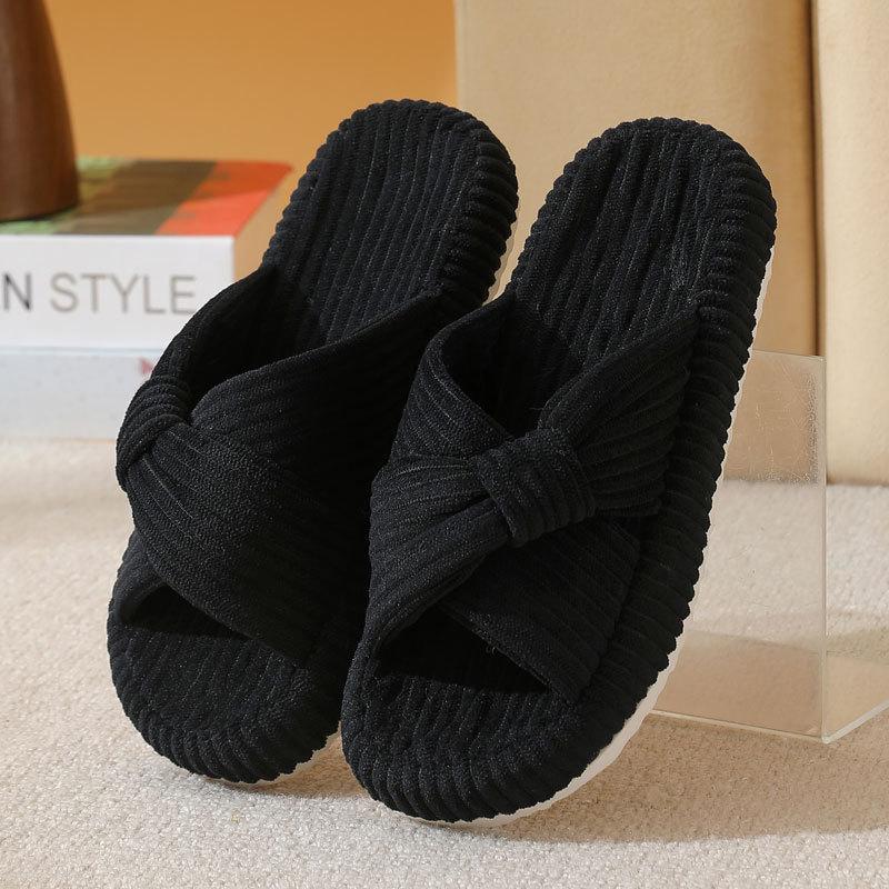 Fashion Indoor Corduroy Slippers for Women Fashion Cross Strap Cotton Slippers Woman Non Slip Platform House Cotton Slides Femle
