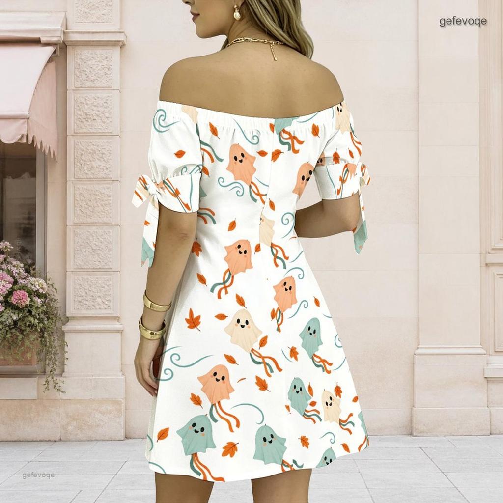 Women Plus Size White Off Shoulder Short Sleeve Tie Cuff Printed A Line Dress
