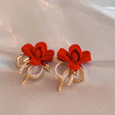 Flocking Flower Leaf Pearl Earrings for Women Light Luxury High-grade Red Stud Earrings New Korean Fashion Stylish Zircon Women