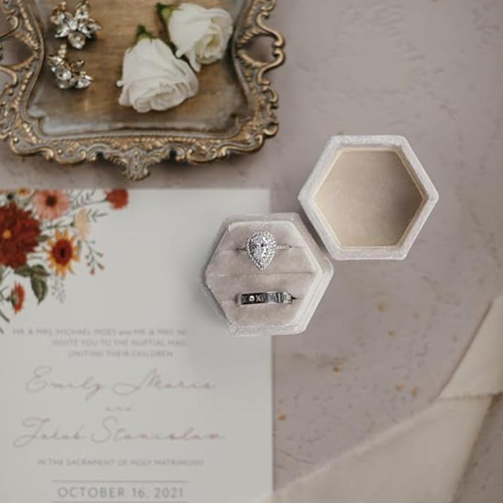 Premium Schmuck Ringbox Samt Ringbox, 3 Fächer Eheringbox, Sechseck Verlobungsringbox, für Antrag Verlobung Hochzeitstag Brautfoto