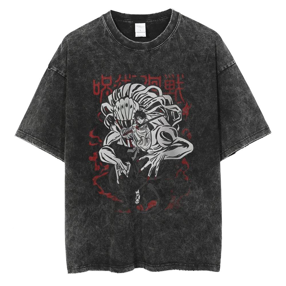 Anime Jujutsu Kaisen Gewaschenes T-Shirt Vintage Hip Hop Retro Baumwolle Herren Streetwear Übergroßes Damen Kurzarm Oberteil Y2k