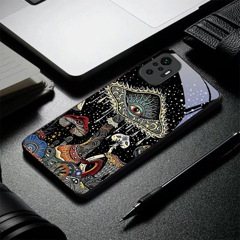Mystic Evil Eye Mushroom Black Glass Phone Case For Redmi Note 13 Pro+ 14 Pro 8 9 9S 12S 10 Pro 11 12 A3 12 13 K60Ultra 14 Cover