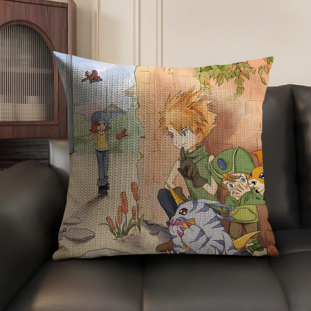 Anime DDigimon AAdventure Cushion Cover Natural Linen Organic Fabric DoubleSided Printing Sofa Home Decor Gift Pillow Case