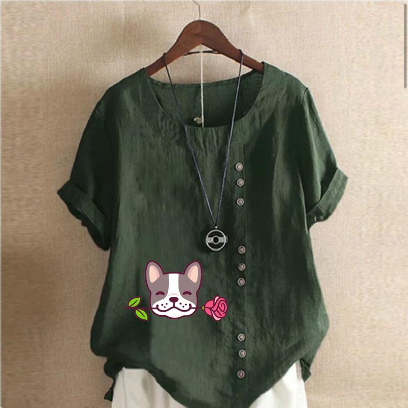 Women's Fashion Round Neck Short Sleeve T-shirt Casual Cotton Linen Graphic Shirt Leisure Loose Cute Dog Flower Prined Summer Blouse Tops Plus Size