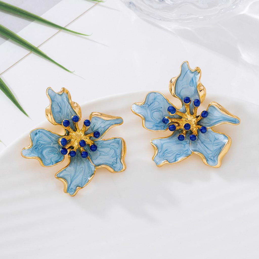 Vintage Enamel Colored Drip Oil Flower Irregular Stud Earrings for Women Elegant Metal Floral Geometric Earring Vacation Jewelry
