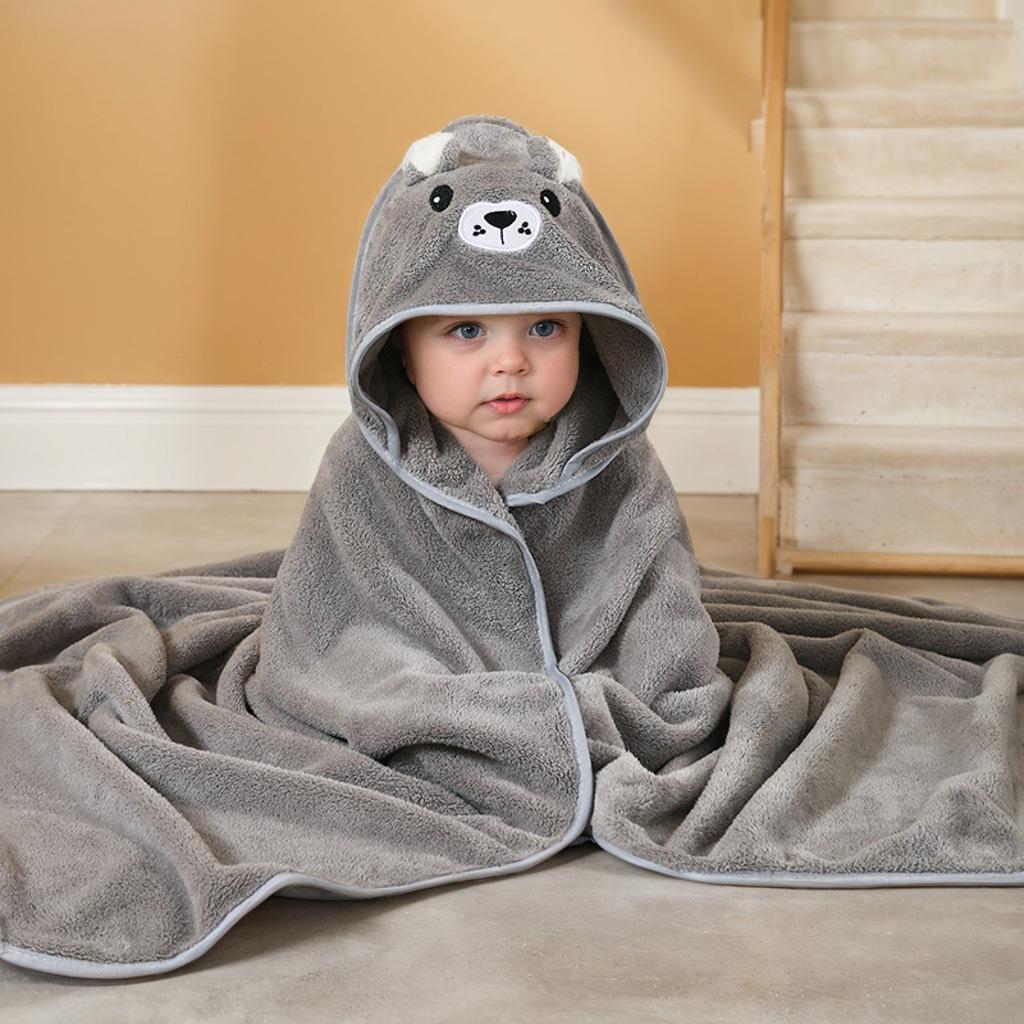 Cartoon Hooded Baby Swaddle & Bath Towel - Coral Fleece, Absorbent, Embroidered, Newborn To Toddler