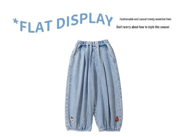 Girls' Soft Denim Lantern Jeans with Bow Embroidery - Baby Girl Fashionable Korean Style Pants for Spring and Autumn