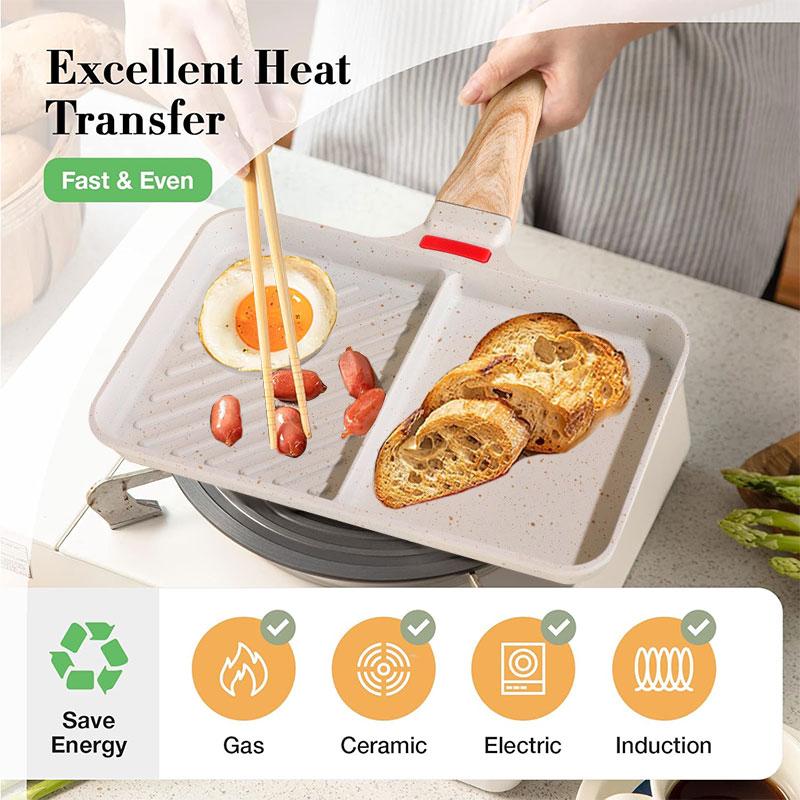 2-Section Versatile Breakfast Omelette Frying Pan Nonstick Divided Egg Pan Square Grill Skillet Steak Griddle Pan for Stove Tops