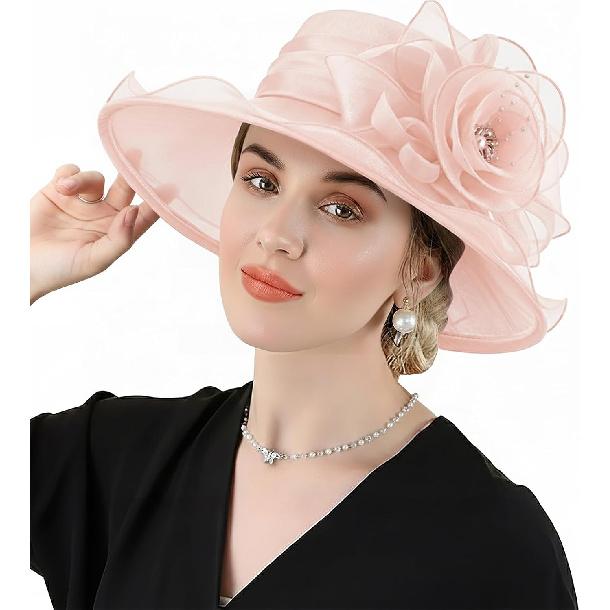 DRESHOW Damen Organza Hut Kirchenkappe Hüte Ausverkauf Kentucky Derby Cocktail Teeparty Hochzeit Blumenhut mit breiter Krempe