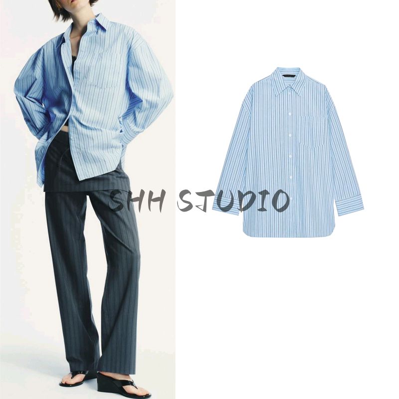 Autumn New Arrival Women clothes Commuter Style Single Breasted Lapel Long sleeve Stripe Loose Poplin Shirts 0975111
