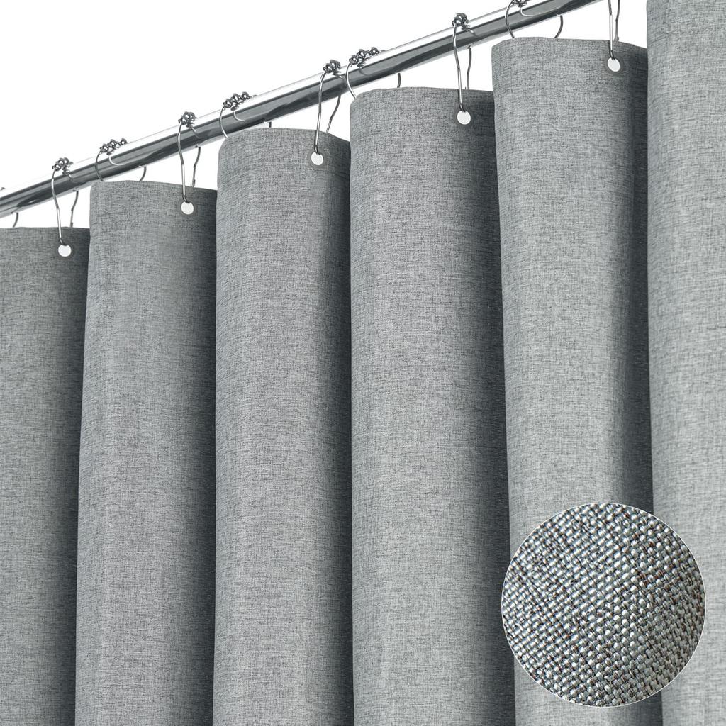 Linen Look Shower Curtain - Thick & Waterproof Bathroom Fabric with Plastic Hooks