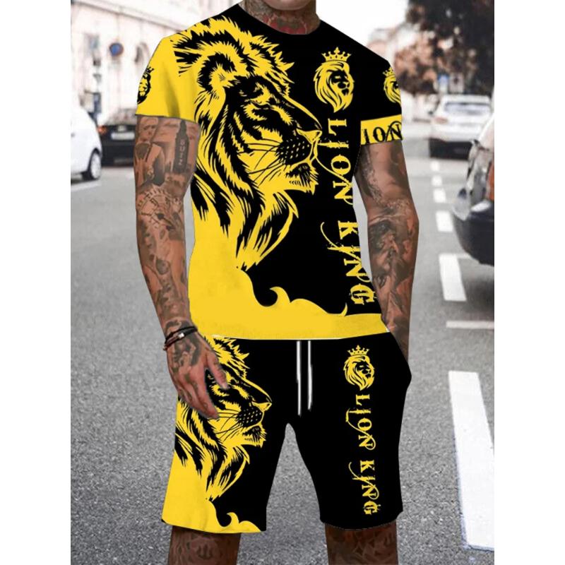 New Men's Summer Casual Everyday Short Sleeve and Shorts Set Cool The Lion King Print T-Shirt and Drawstring Short Set Men's Set