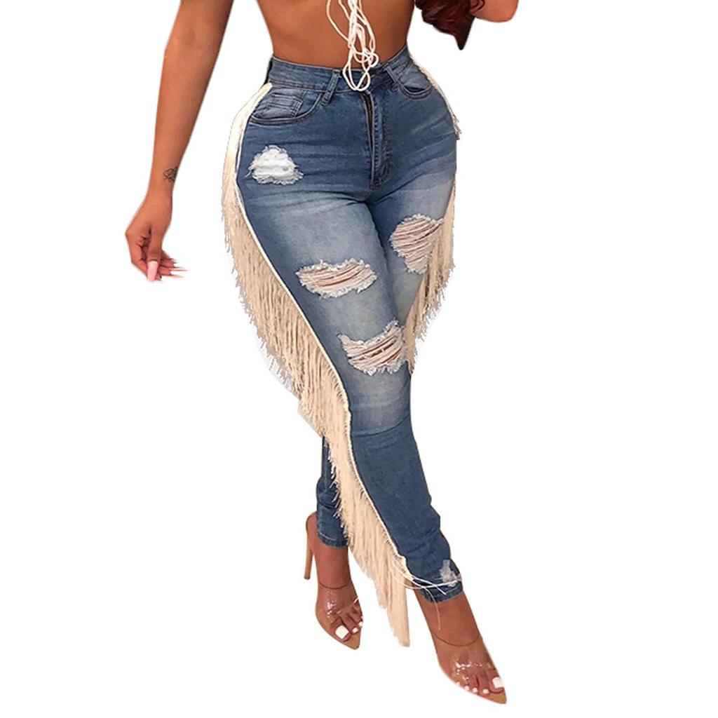 Fashion Women High Waist Hole Tassel Button Zipper Pocket Denim Jeans Sexy Pants