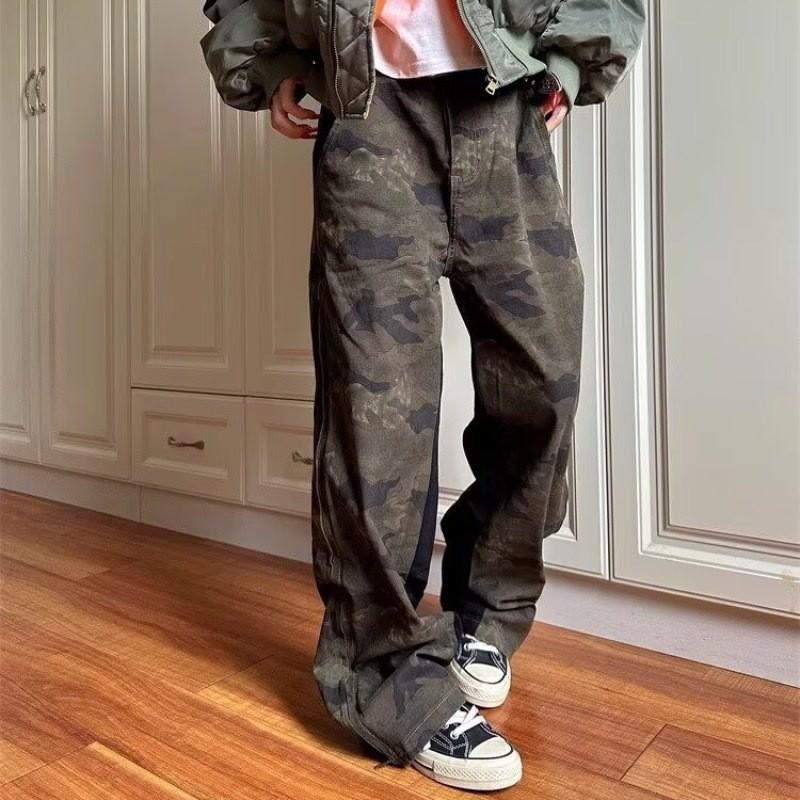Vintage Distressed Cargo Jeans Men Women Loose Straight Fit Camo Patchwork Denim Pants Casual Wear