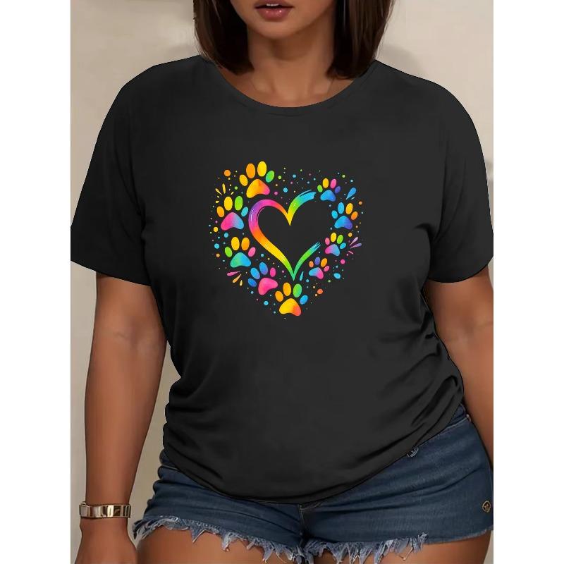 European Size Women's "Colorful Heart with Pet Claw" Print Short Sleeve, Made of Soft and Breathable Polyester Fiber with Moderate Elasticity
