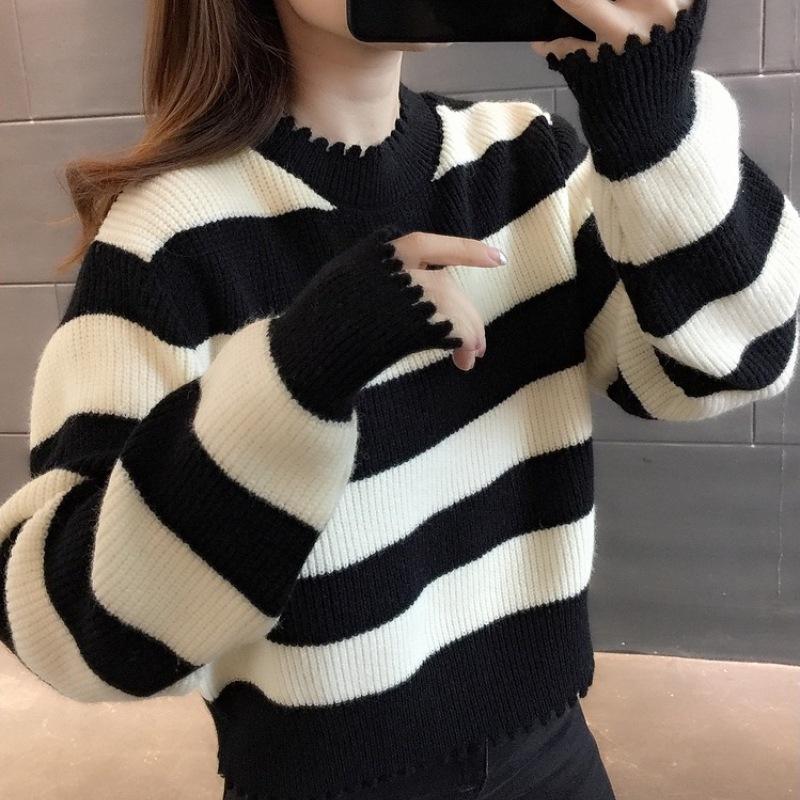 European Station autumn and winter new versatile lazy crew neck knitted sweater retro style long sleeve striped contrasting color pullover sweater