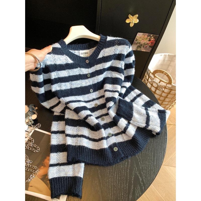 Trendy Autumn Korean-Style Striped Knit Cardigan for Women