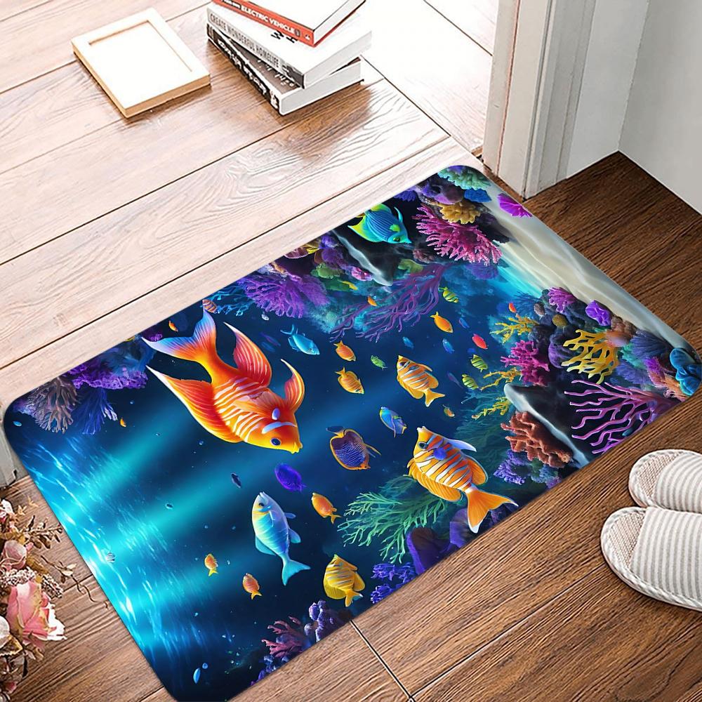 Underwater World Printing Non-Slip Small Rug Waterproof Easy To Clean Floor Mat for Indoor Outdoor Use Durable Home Decoration