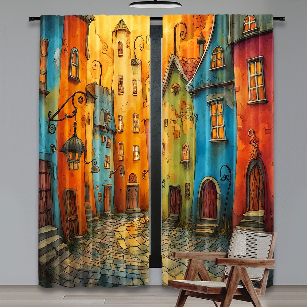 Set Of 2 Flat Printing Party Window Curtains Fairy Tale Village Digital Printed Polyester Drapes Decorations Perfect Curtain Made