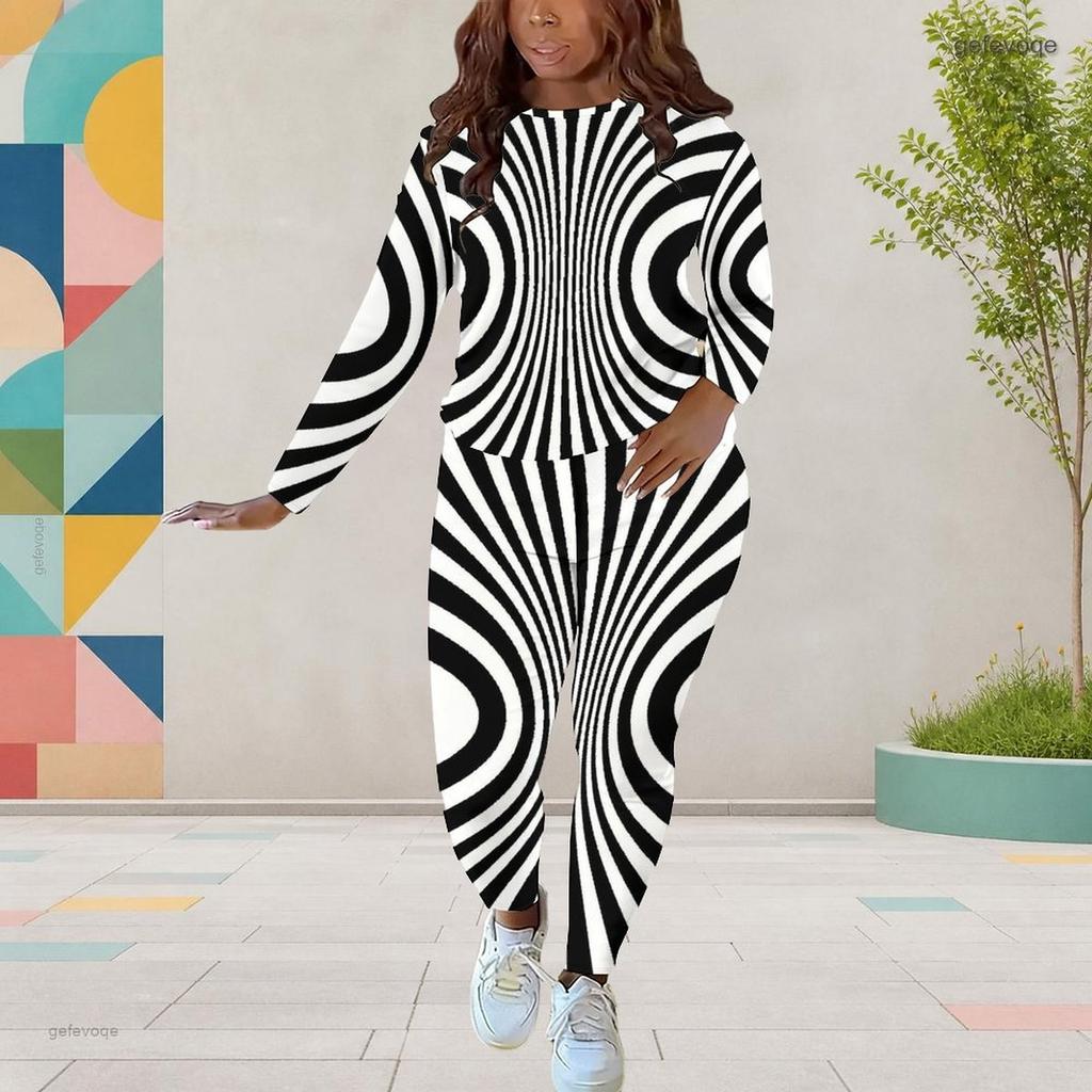 Women Plus Size Black White Printed Round Neck Long Sleeve Top And Fitted Pants Two Piece Set