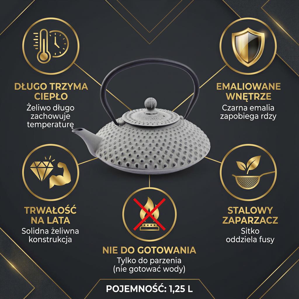 Cast Iron Tea Set Kettle 1.25L Steel Strainer Gray