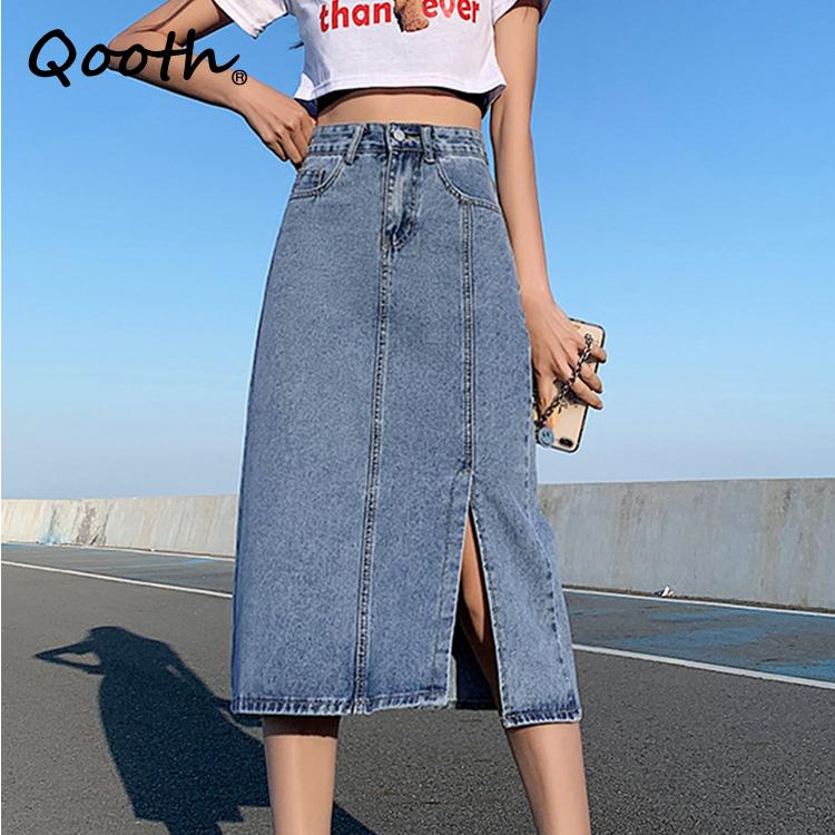 

Qooth женская весенне-летняя джинсовая юбка-карандаш с разрезом, элегантная повседневная юбка средней длины с высокой талией QT2015