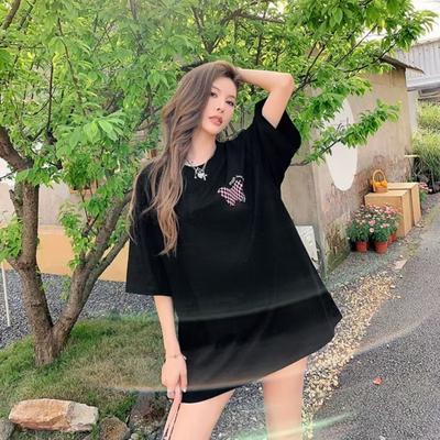 Long Short-sleeved T-shirt Loose Top Skirt Covering The Bottom for Women