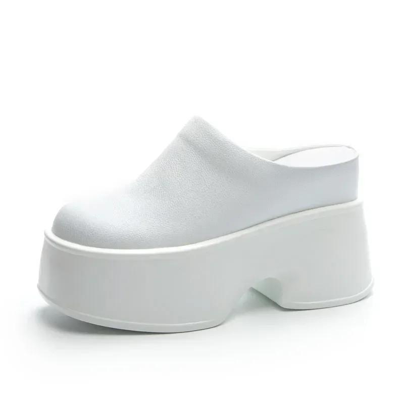 Móda 11CM Nové pantofle Přírodní hovězí pravá kůže Platforma Klínek Tenisky Lodičky Léto Ženy ŘÍM Skryté podpatky Černé vulkanizované boty