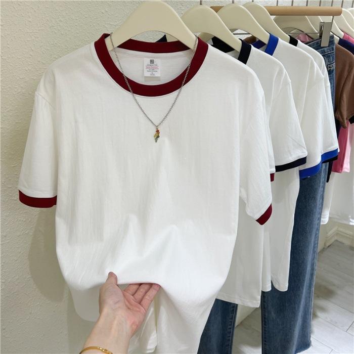 Special Offer, Pure Cotton, Summer New Contrasting Color Splicing Loose Casual Versatile Short-sleeved T-shirt Women's and Men's Couples' Clothing
