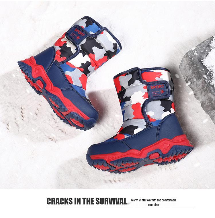 Children's 2024 Winter High-Top Camouflage Snow Boots - Warm Velvet-Lined in Black & Blue