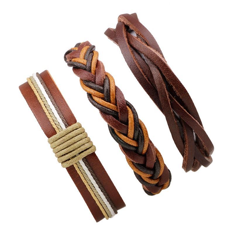 Men's Retro Multi-Strand Cowhide Anchor Bracelet Set with Wood Beads
