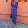 European and American women's clothing fashion pleated printed long dress elegant slim V-neck short-sleeved dress