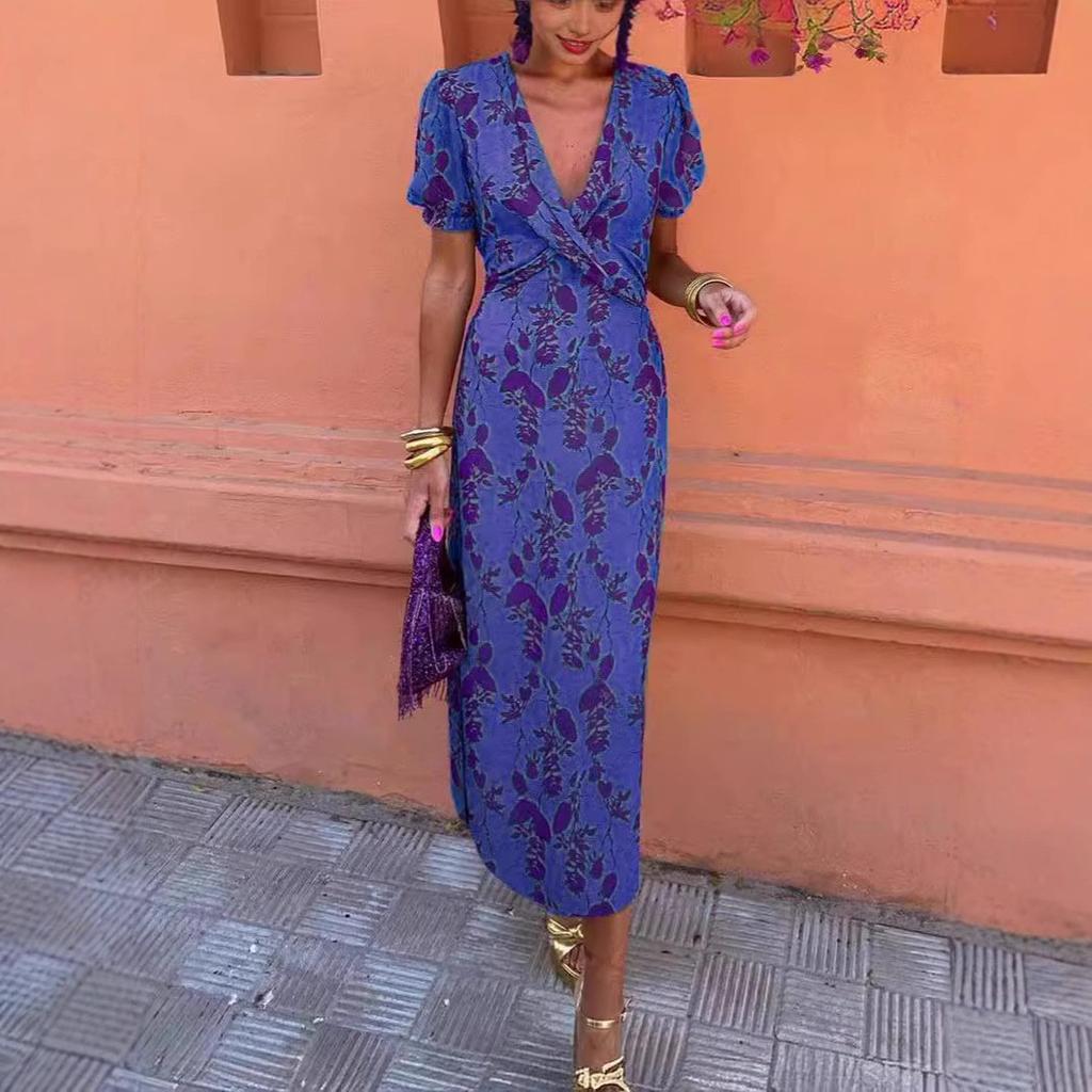 European and American women's clothing fashion pleated printed long dress elegant slim V-neck short-sleeved dress