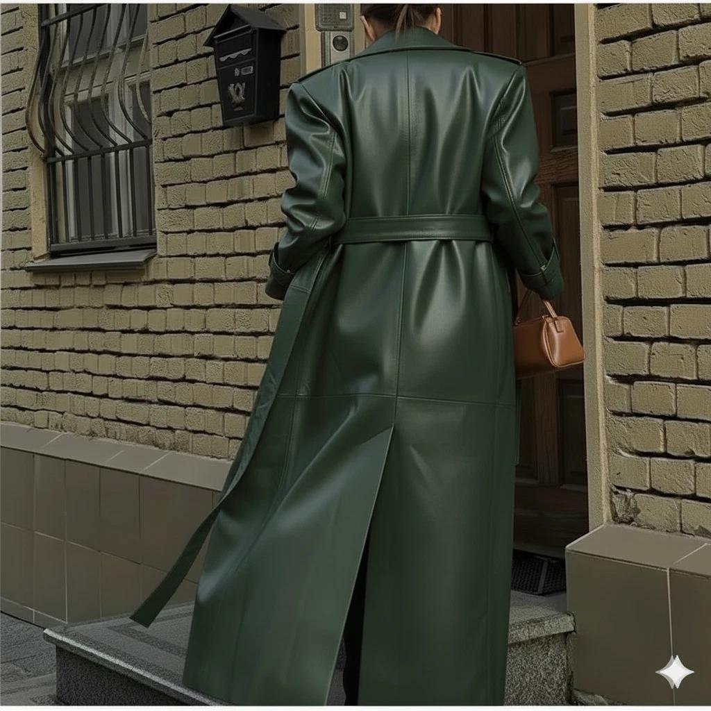 Genuine Leather Trench Women's Green Handmade New Lambskin Casual Fit Coat Soft