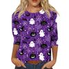 Women's Casual Halloween Print Top Three Quarter Sleeve Round Neck Pullover Shirt Lightweight Comfortable Fit for Everyday Wear
