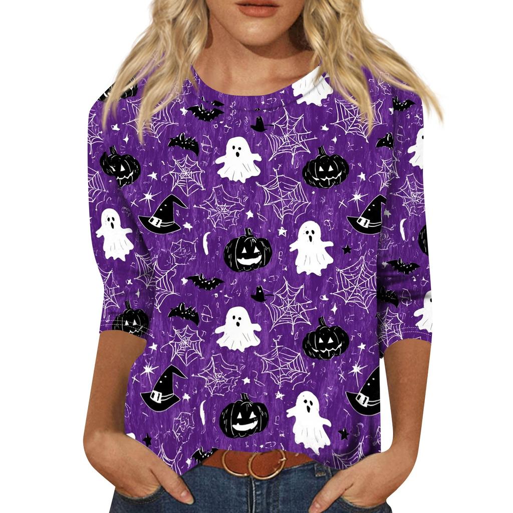 Women's Casual Halloween Print Top Three Quarter Sleeve Round Neck Pullover Shirt Lightweight Comfortable Fit for Everyday Wear